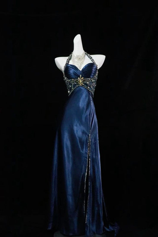 Navy Blue Halter Beaded Prom Dress Long Evening Dress cg25264