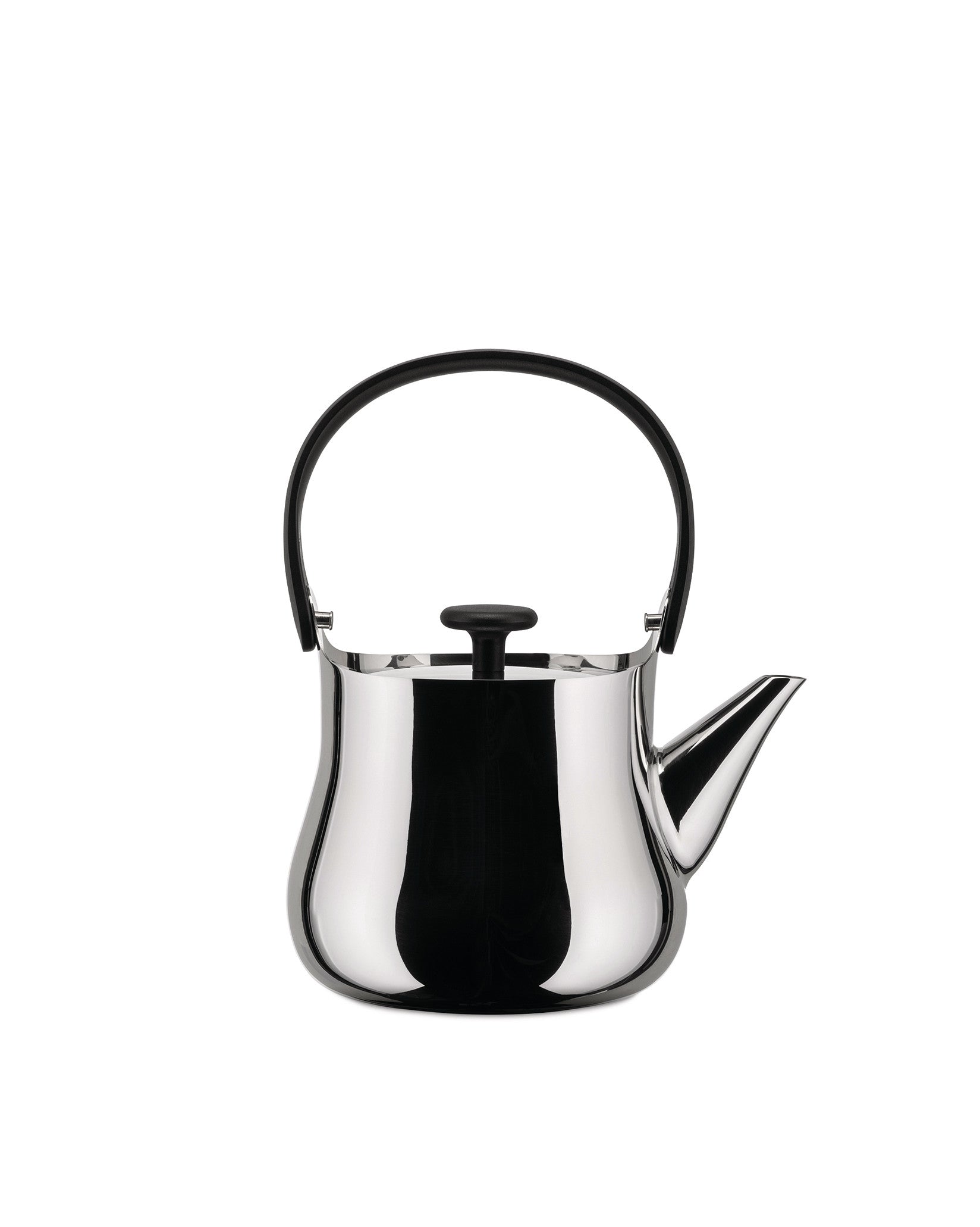 Polished stainless steel teapot with a black handle and knob by Alessi, featuring a sleek, curved body.