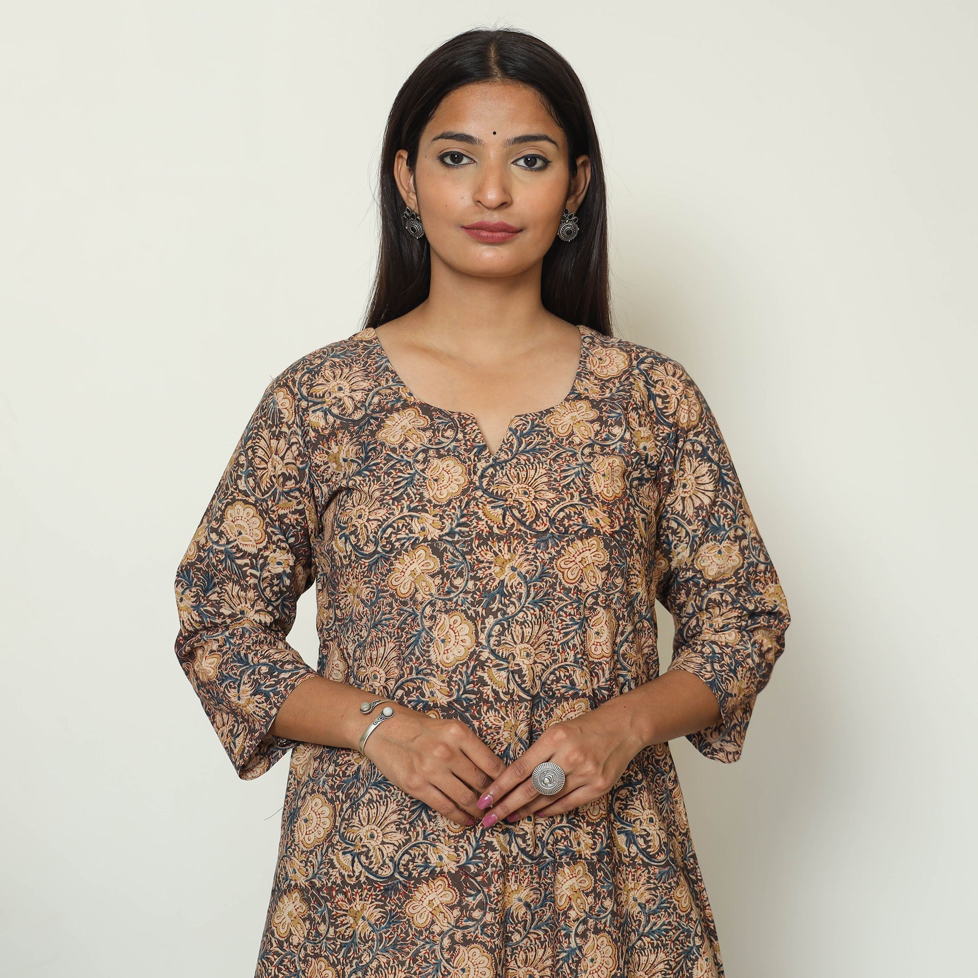 Black - Pedana Kalamkari Hand Block Printed Cotton A-Line Kurta 08
