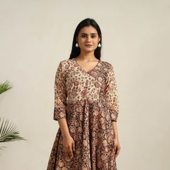 Black - Pedana Block Print Cotton Flared Kalamkari Dress 01