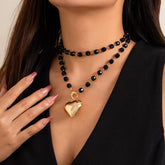 Black Bead Punk Heart Necklace