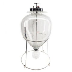 Keg King Apollo 30L Unitank er en fermenteringstank i gjennomsiktig plast med målmarkeringer, metallokk, ventil og solid metallstativ - perfekt for presis trykkfermentering.
