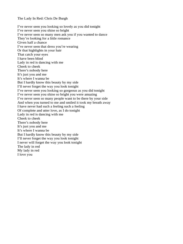 Lady in Red Lyrics by Chris De Burgh