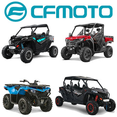 Blue and red side-by-side CFMOTO ZForce and Uforce UTVs and a blue and black CFMOTO CForce ATV all designed for off-road use.