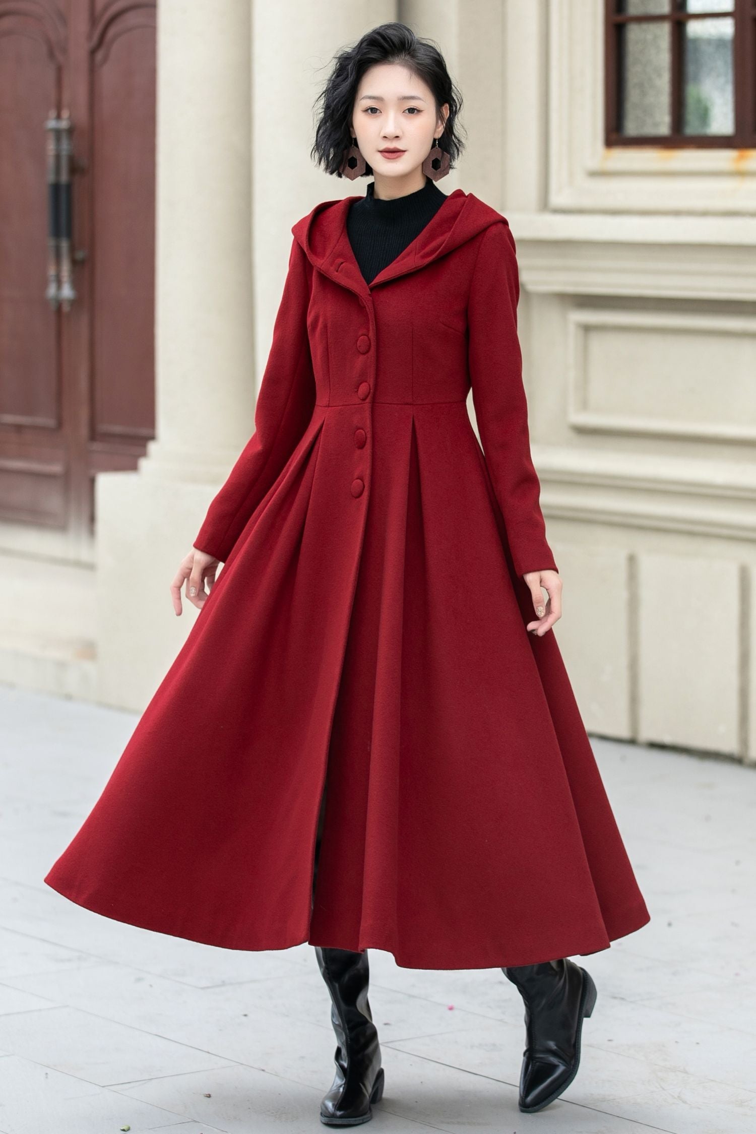 Red Wool Blend Long Swing Coat - Hooded Midi Length 5346