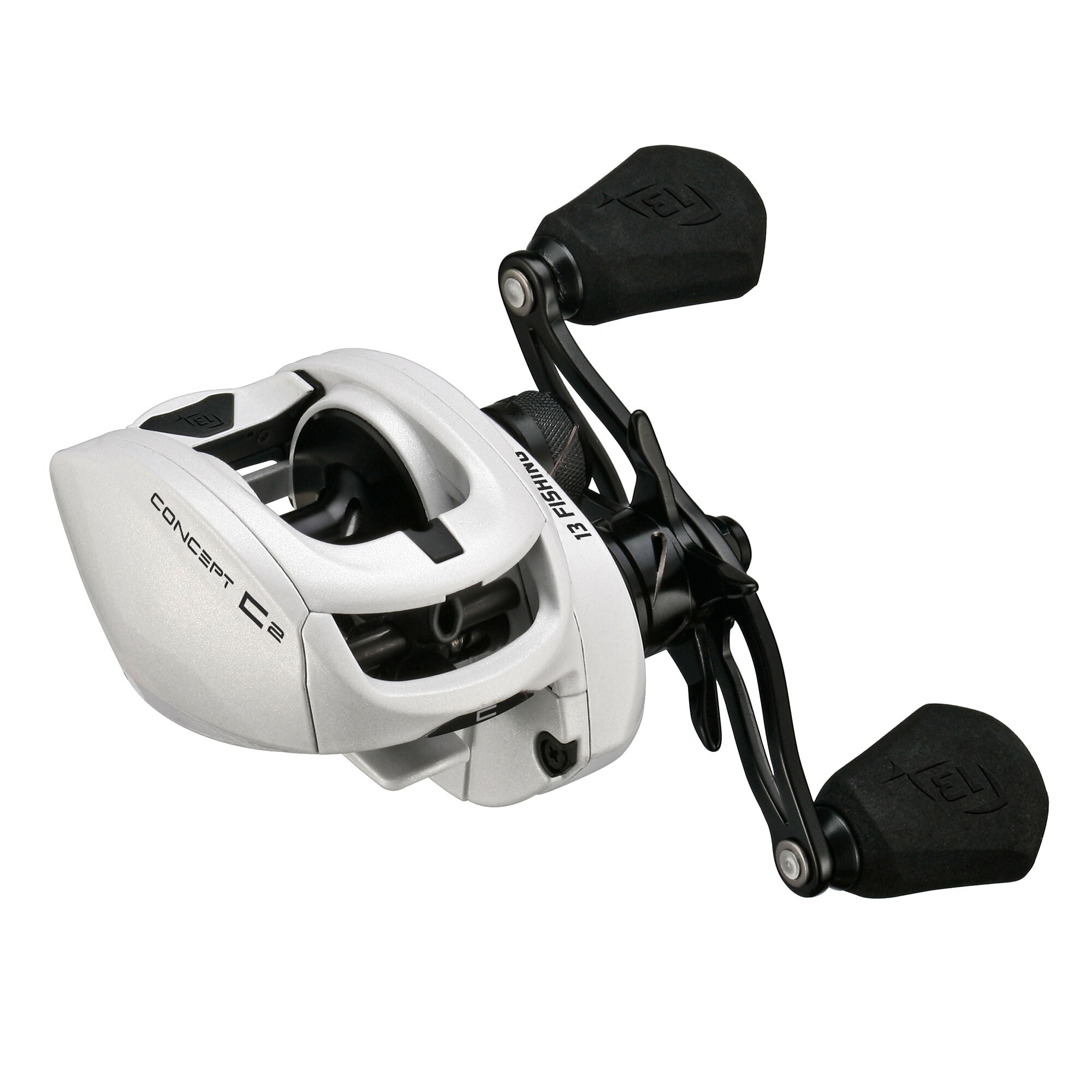 White Concept C2 baitcasting reel with black handle and textured knobs.
