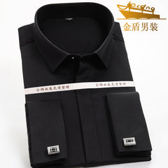 Golden Shield French Cufflinks Black Men's Shirt Long Sleeve Business Slim Formal Cotton Non-Ironing Men's Spring Shirt