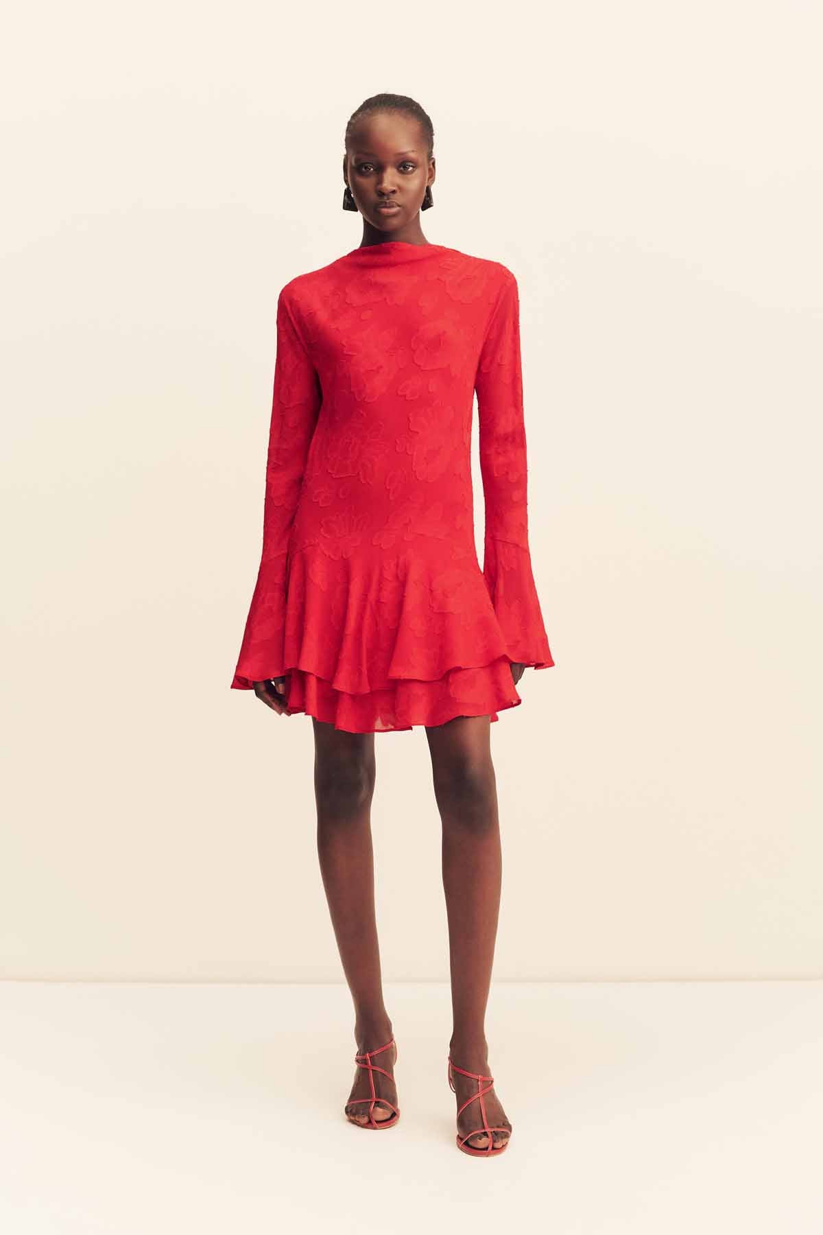 BOWERY LONG SLEEVE RUFFLE MINI DRESS - CHERRY_F