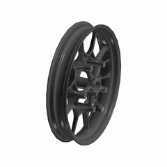 Black cast front motorcycle wheel with 10-spoke design and five lug holes, 19x3.0 size.