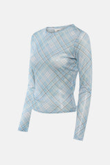 Blauw T-shirt met lange mouwen van JDY, met een diagonaal geruit patroon in blauw en wit.