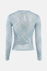 Blauw T-shirt met lange mouwen van JDY, met ruitjesmotief in blauw, wit en zwarte lijnen.