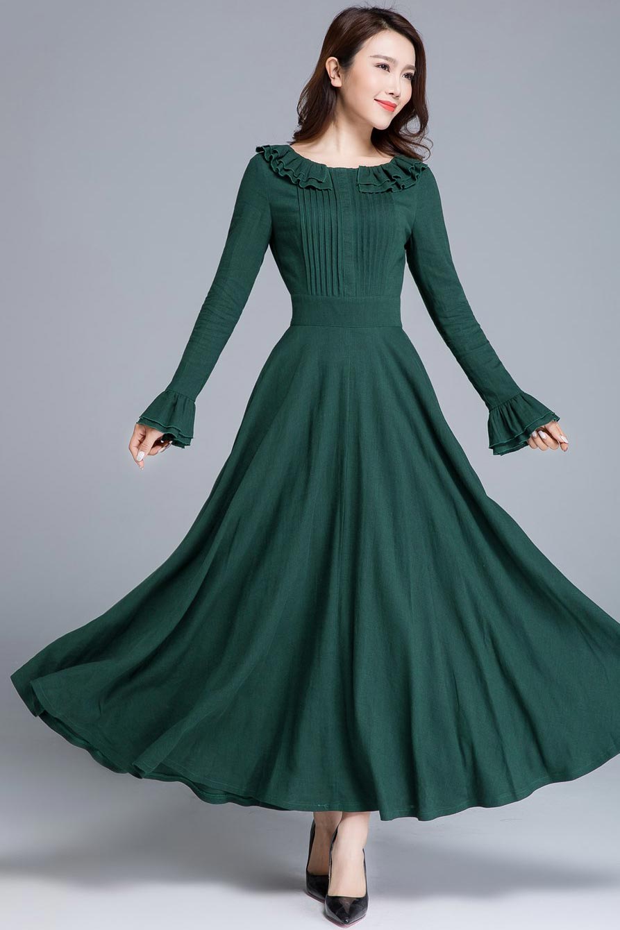 Army Green Linen Maxi Dress - Ruffled Collar & Flared Skirt 1651