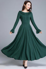 Army Green Linen Maxi Dress - Ruffled Collar & Flared Skirt 1651