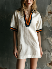 ElevenOra Chic Casual White Lapel Collar V-Neck Contrast Trim Short-Sleeve Loose-Fit Cotton-Linen Blend Mini Dress