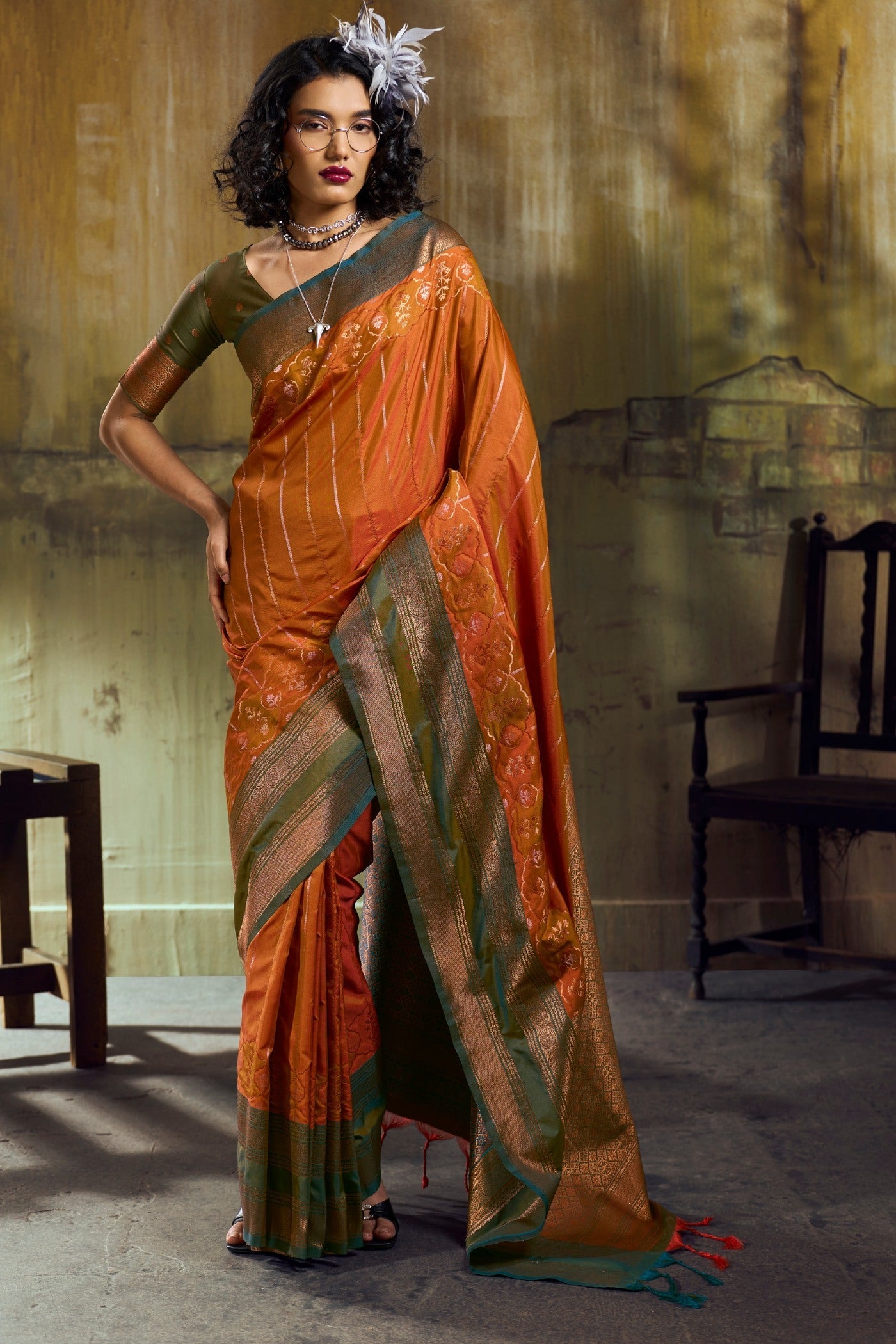Coral Orange Pochampally Handloom Saree