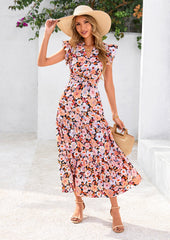 PRETTYGARDEN Women's Summer Floral Midi Dress Cap Sleeve V Neck Ruffle Long Flowy Boho Casual Beach Vacation Dresses PRETTYGARDEN