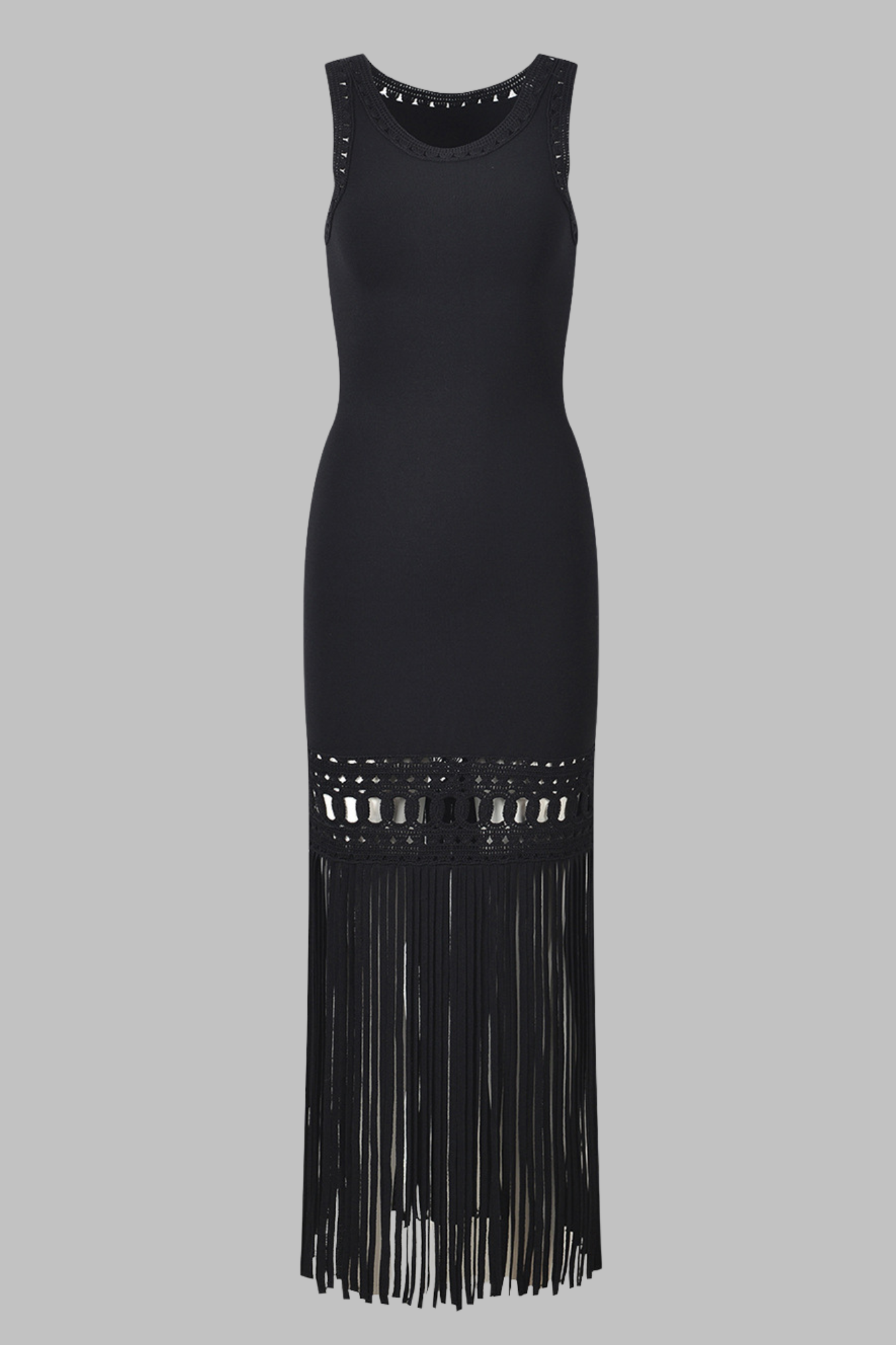 Boho Chic Black Knit Midi Dress with Crochet Detailing & Long Fringe
