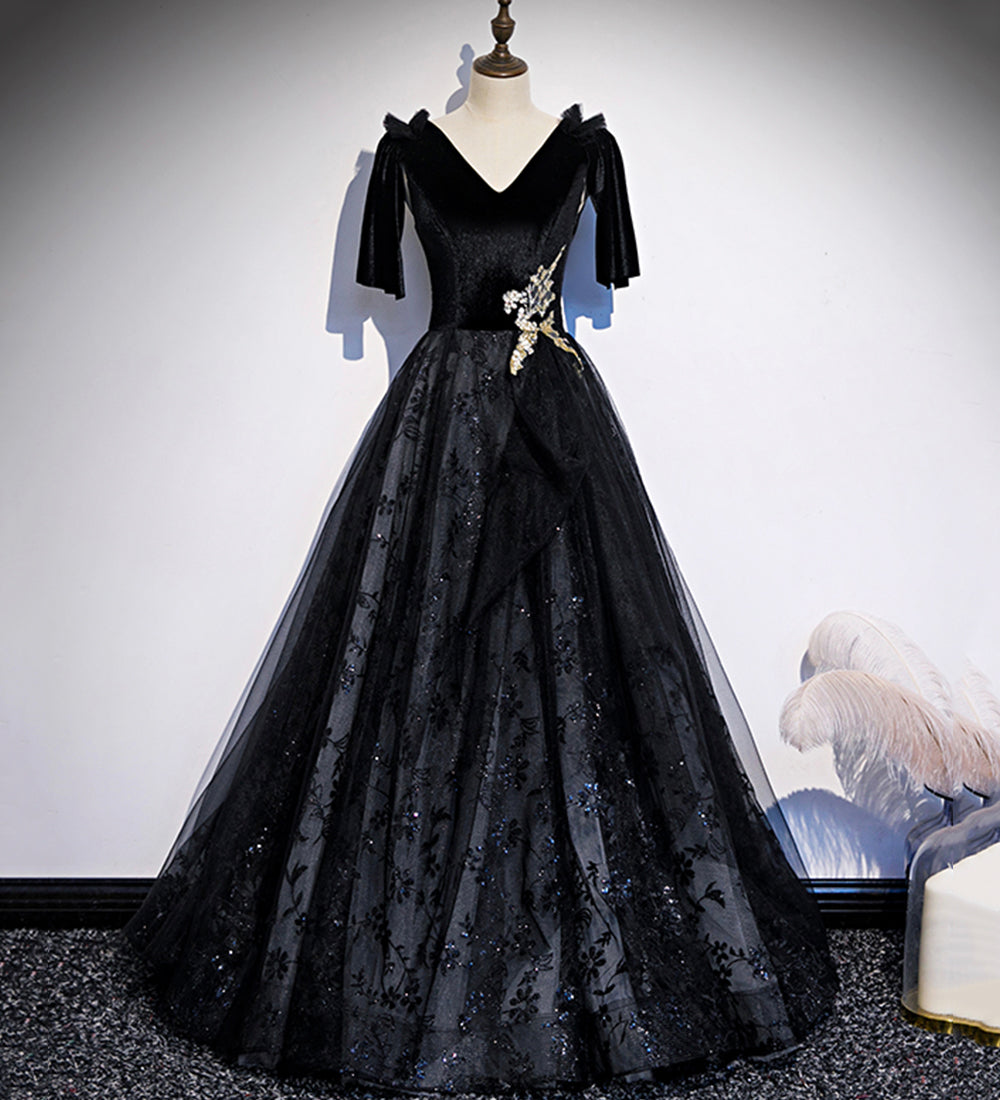 Black velvet lace long prom dress evening dress 8502