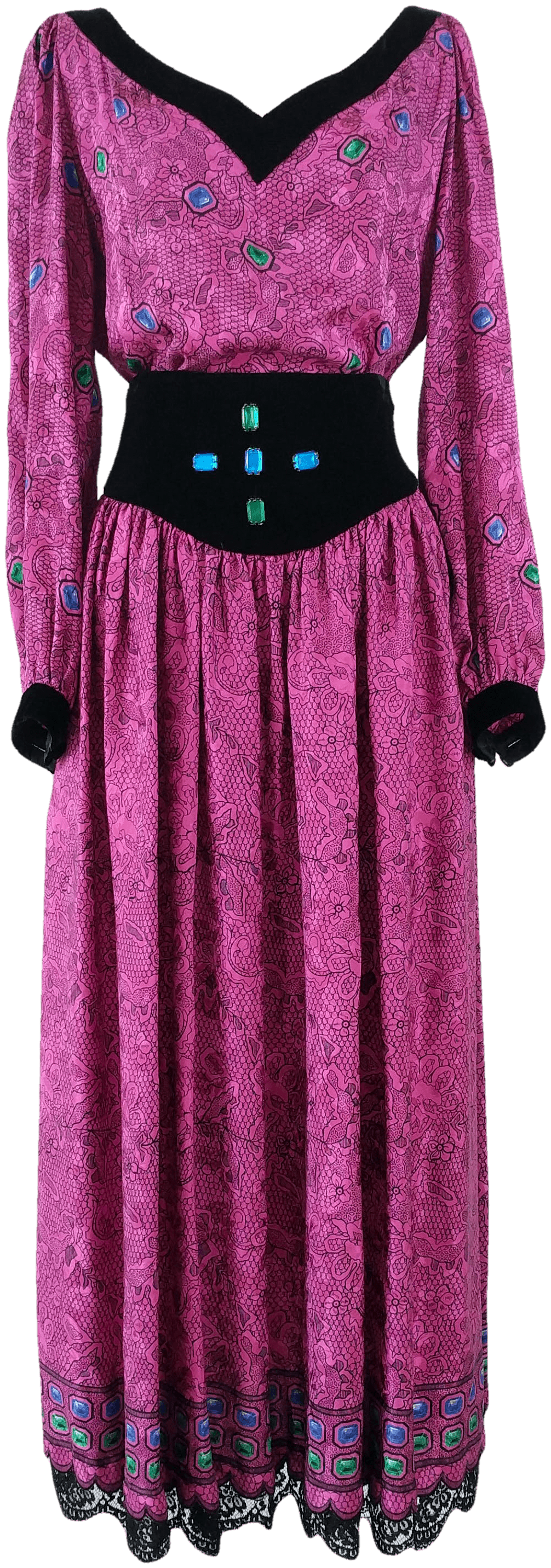 80's Silk Jeweled Blouse and Skirt with Intricate Designs and Velvet and Lace Trim by Oscar de la Renta