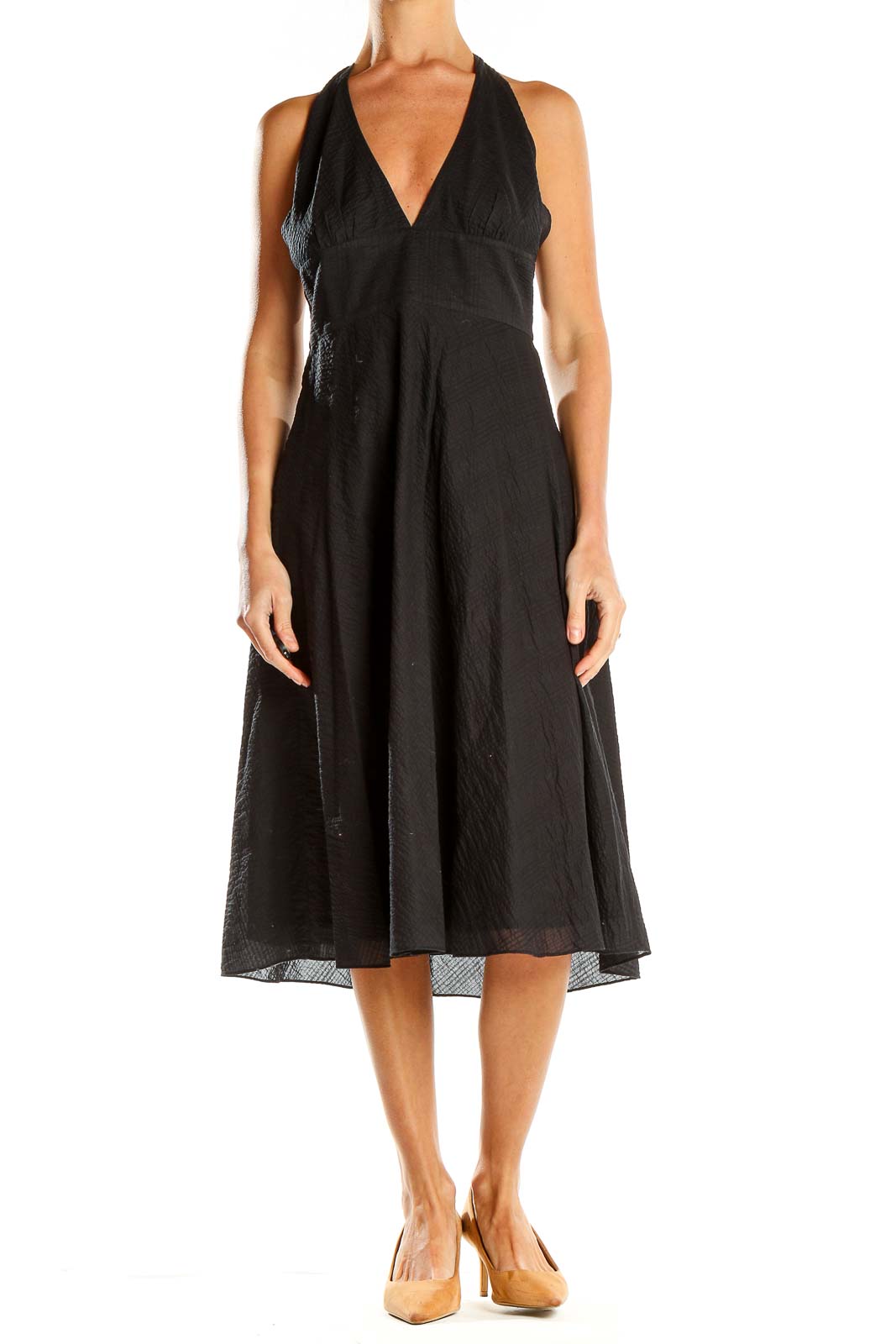 Front view of J.Crew black halter neck A-line midi dress
