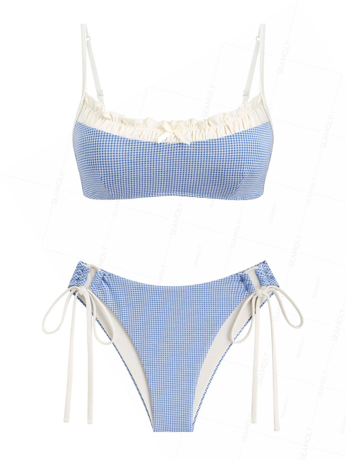 Seamolly Gingham Ruched Ruffles Bowknot Cinched Tie Side Bikini Set