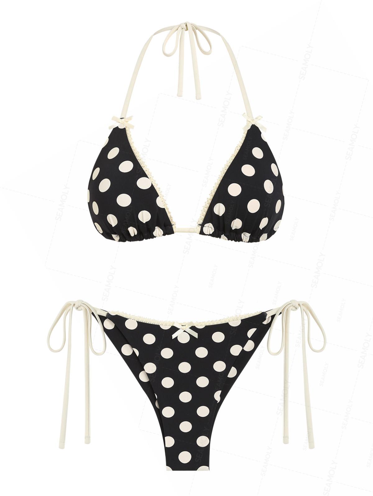 Seamolly Polka Dot Lace Bowknot Triangle Top & Cheeky Brazilian Bottom Bikini Set
