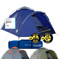 Pop up Familienzelt für 3 Personen - ca. 220 x 220 x 130 cm - Blau, leicht, wasserfest, schneller Quick-Up-Aufbau in 10 Sekunden.