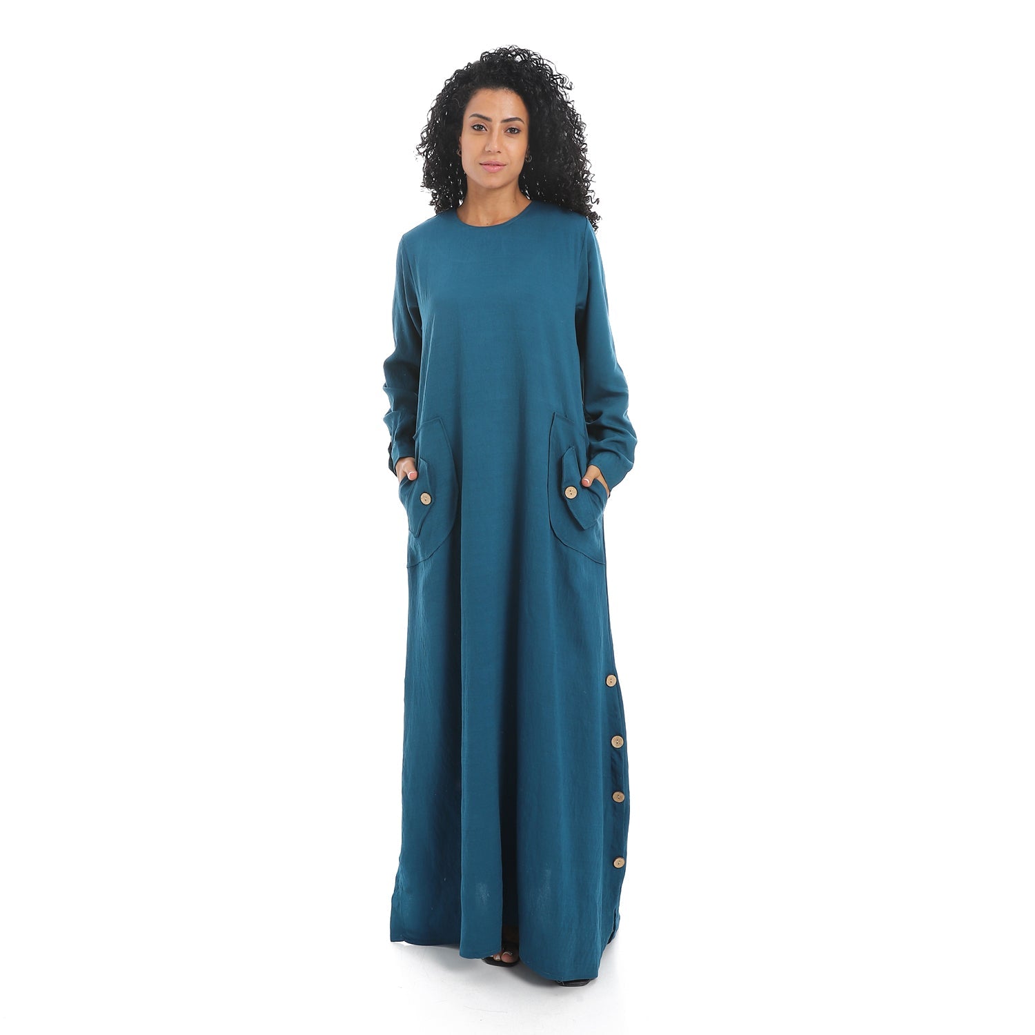 women linen abaya with long sleevesو عبايه كتان حريمي بجيب امامي