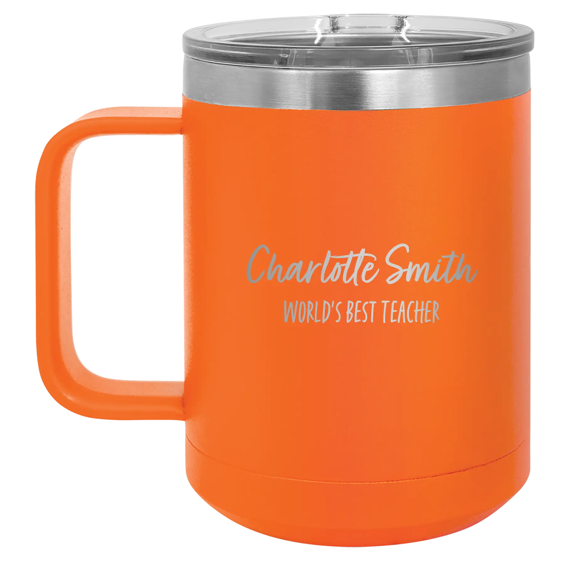 Personalized orange 15 oz vacuum insulated coffee mug with 'Two Lines Name and Title' design