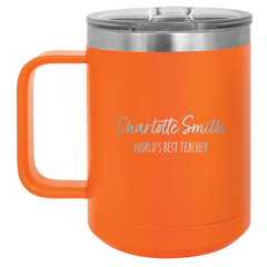 Personalized orange 15 oz vacuum insulated coffee mug with 'Two Lines Name and Title' design