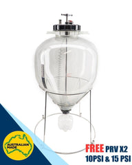 Keg King Apollo 30L Unitank har et klart konisk design, metallstativ, PRV-er (10 og 15 PSI) og volumangivelser. Inkluderer Australian Made-merke og tilbud om to gratis PRV-er - ideelt for trykkgjæring.