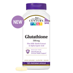 A bottle of 21st Century Glutathione 500 mg plus Milk Thistle Extract & Alpha Lipoic Acid with a glutathione capsule in front.