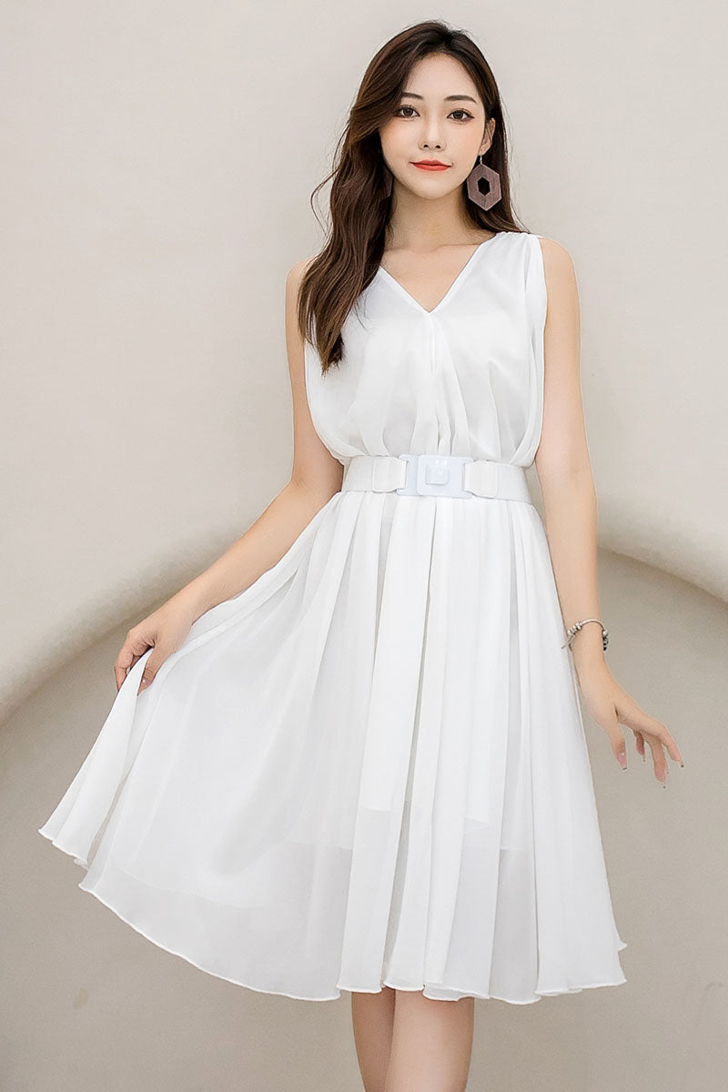 White Chiffon Midi Dress - Sleeveless V-Neck, Loose Waist 2909