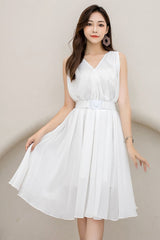 White Chiffon Midi Dress - Sleeveless V-Neck, Loose Waist 2909