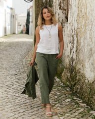 MagicLinen Mist Green Linen Pants SEATTLE, straight-leg full-length fitmodelBoxOn2