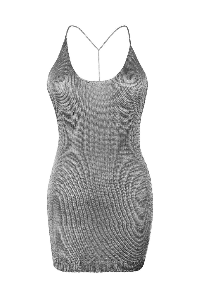 Silver sparkly knit mini dress by Natalia Fedner featuring shimmering fabric and a fitted silhouette.