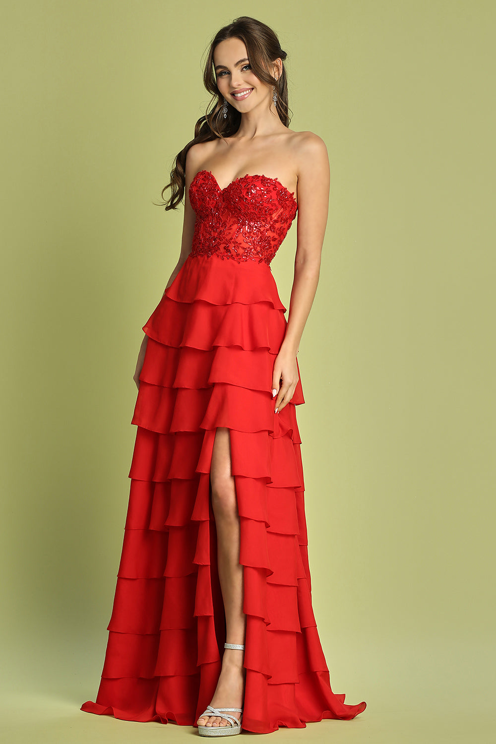 AD 3216 - Strapless A-Line Prom Gown with Layered Ruffle Skirt Sheer Beaded Lace Adorned Corset Top Open Lace Up Back & Leg Slit PROM GOWN Adora