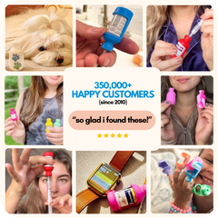 Collage of people using Vial Safe insulin vial protector bottles and vials with colorful caps, featuring text about happy customers and product usage. 350,000+ happy customers since 2010.