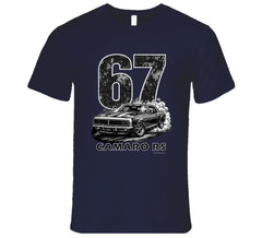 "1967 Camaro RS vintage navy blue t-shirt with distressed graphics - classic car enthusiast apparel"