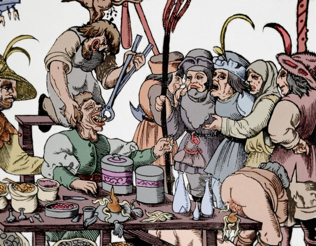 History of medicine. Dentist. Middle Ages. Satire. Engraving. 12th century. Colored.