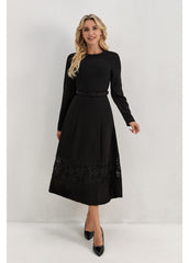 MissFinchNYC Opera Lace Hem Midi Dress in black, featuring intricate lace details and a flowing midi silhouette.