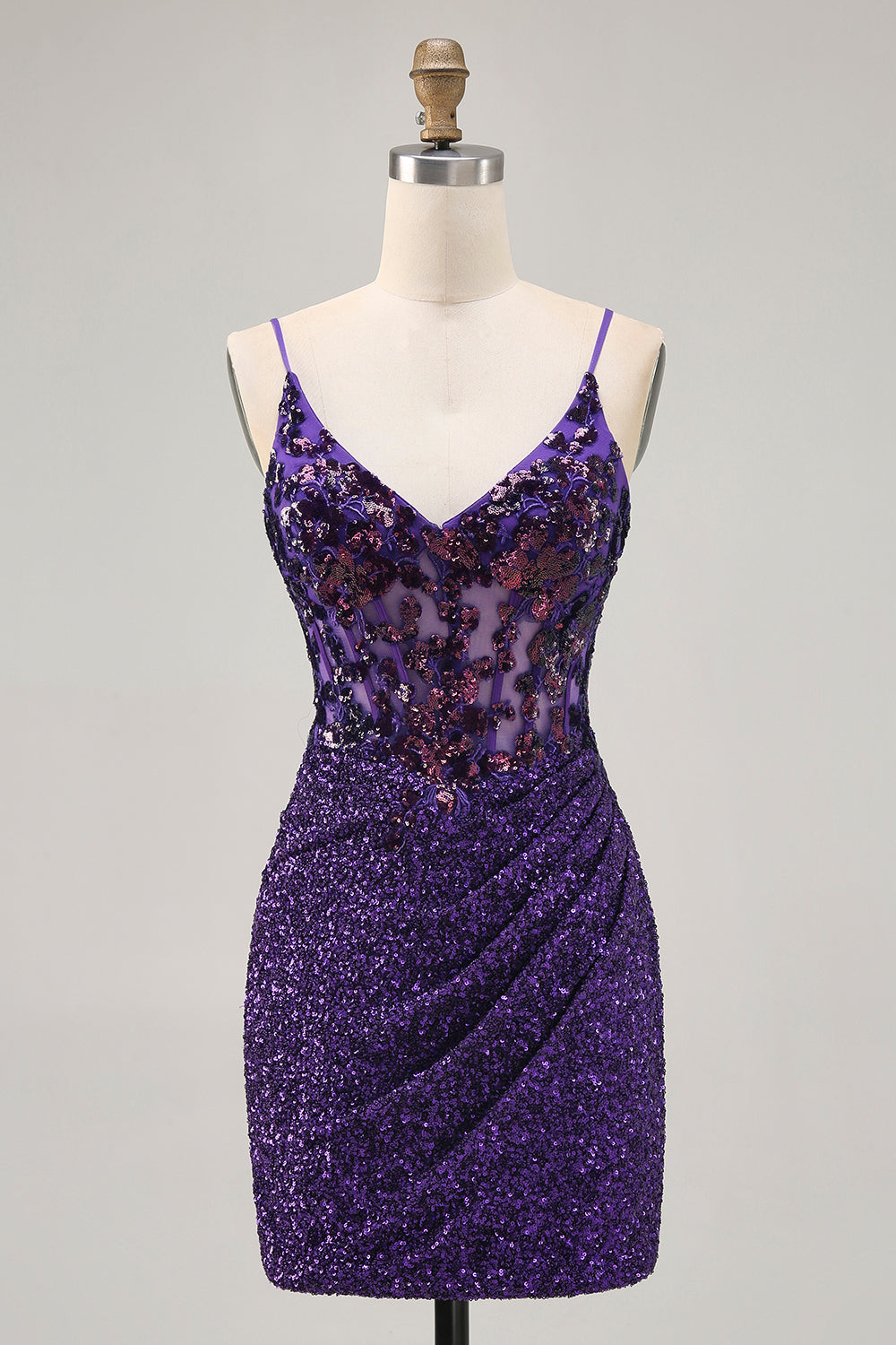 Zapakasa Women Sparkly Dark Purple Tight Short Corset Homecoming Dress Sequin Spaghetti Straps Ruched Lace Up Back Cocktail Dress