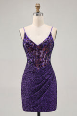 Zapakasa Women Sparkly Dark Purple Tight Short Corset Homecoming Dress Sequin Spaghetti Straps Ruched Lace Up Back Cocktail Dress
