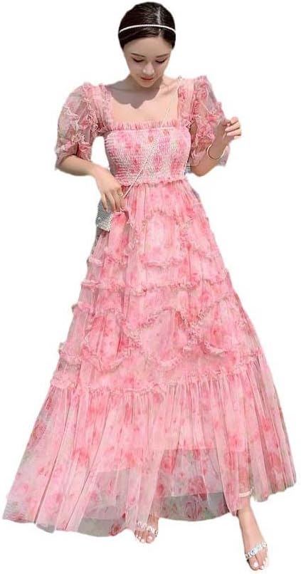 Bohemian Summer Pink Mesh Long Dress Runway Elegant Women Square Collar Flower Print Ruffles Holiday Beach Dress