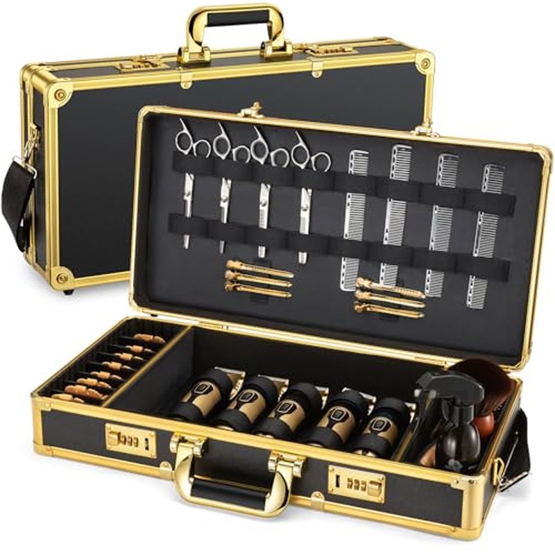 Noverlife Upgraded Large Barber Travel Briefcase, 22x11x5in Portable Barber Carrying Suitcase Salon Case with Code Lock, Gold Barbershop Travel Case Hairdresser Tool Storage Organizer Box for Clipper