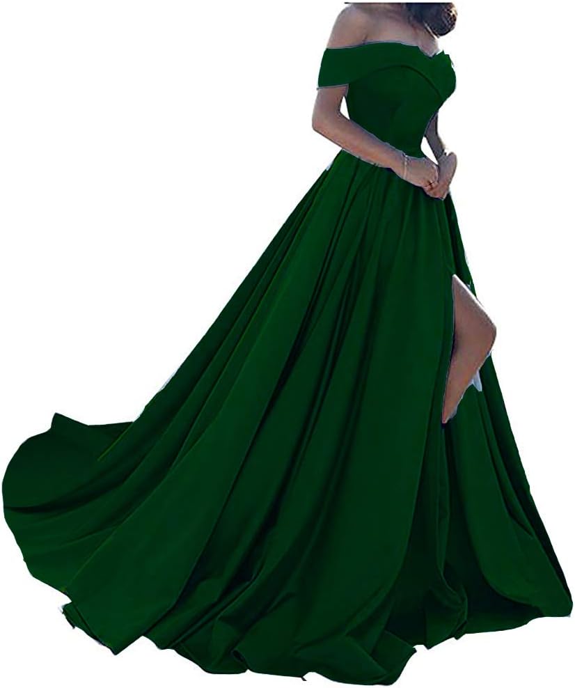 Plus Size Off Shoulder Long Split A Line Prom Evening Dress Emerald Green 16W