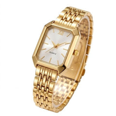 8721438356263 Goudkleurig analoog horloge dames – rechthoekig uurwerk met Romeins cijfer detail – elegante schakelband in goudkleur – quartz horloge