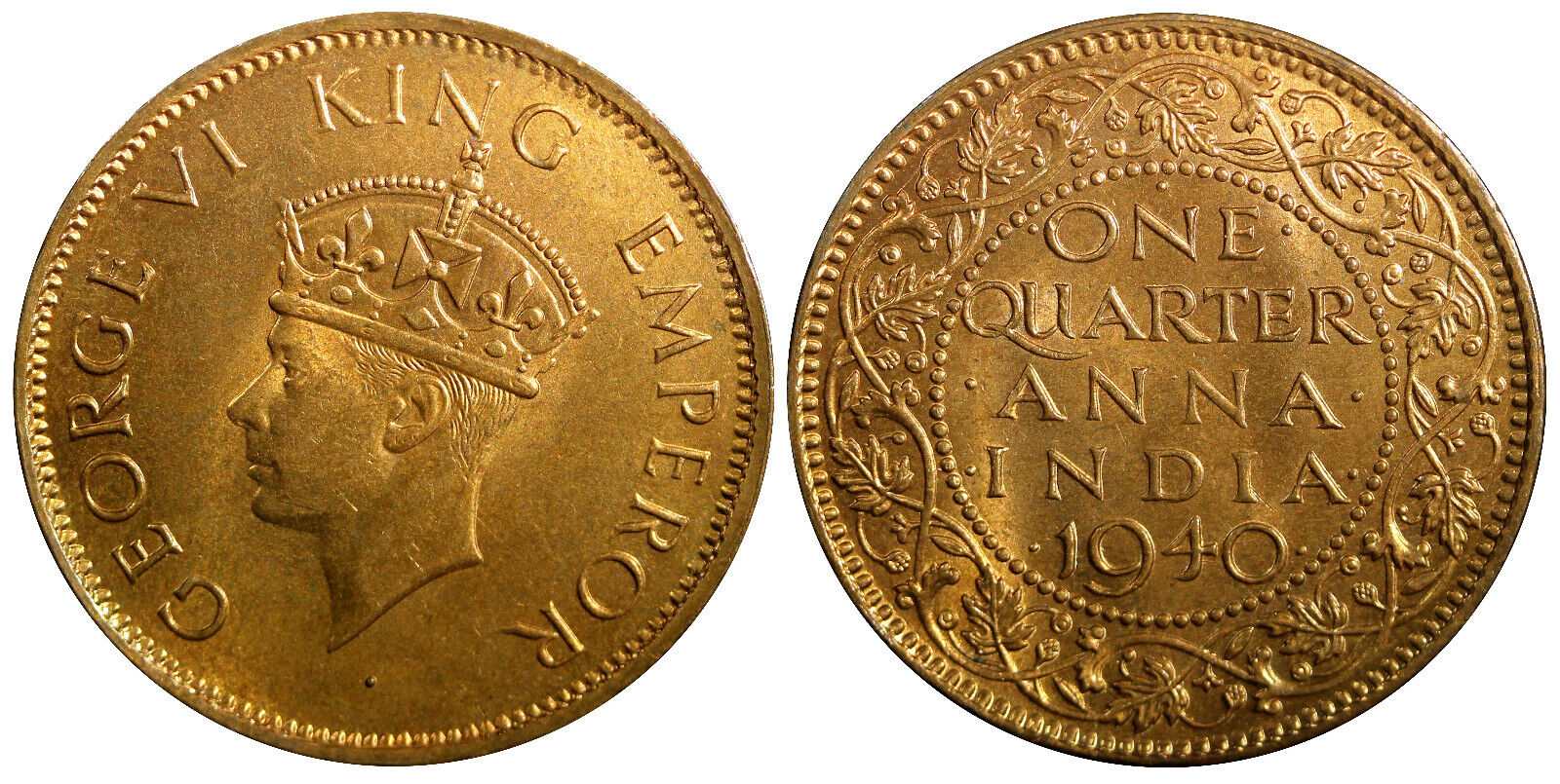 INDIA George VI Bronze 1940 (B) 1/4 Anna Nice RED UNC KM# 530 (23 672)