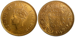 INDIA George VI Bronze 1940 (B) 1/4 Anna Nice RED UNC KM# 530 (23 672)