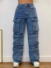 Women's Multi Pocket Cargo Jeans with Rhinestones